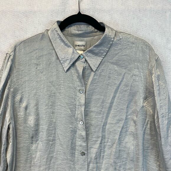 CHICO'S Shirt Women’s Size 3 Silver Shimmer Long Sleeve Button Down Blouse Top X - Picture 2 of 11